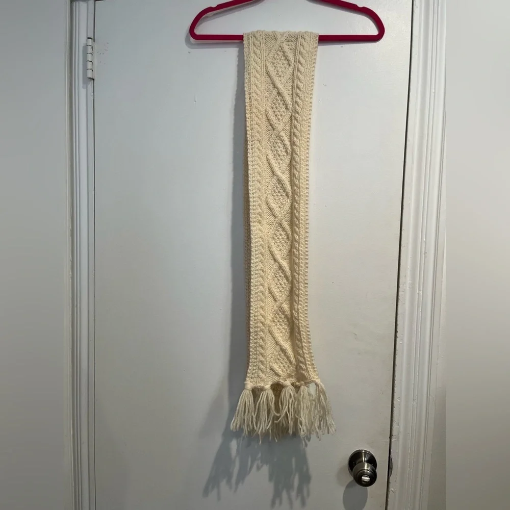 Kennedy of Ardara Handknitted Cream Wool Knit‎ Fisherman Scarf with Fringe OS